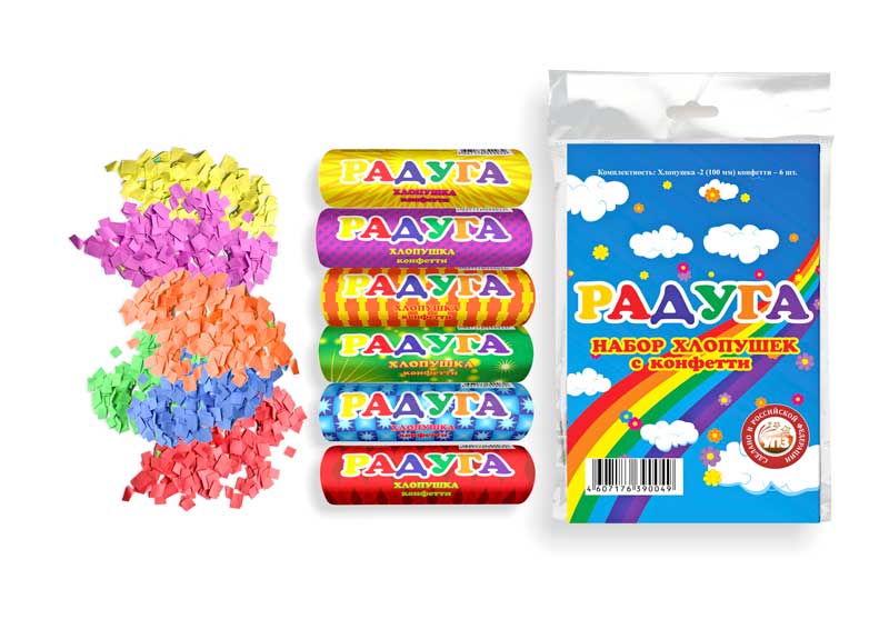 Хлопушка набор 100 мм "Радуга" (6 шт конфетти) 1/84/6