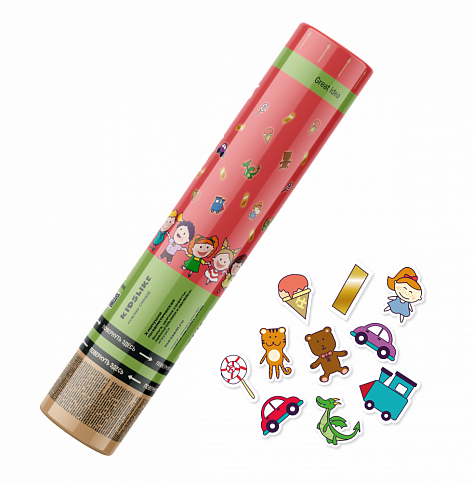 CM008 Пневмохлопушка 30 см конфетти-прямоугольники, 1/100 наклейки-игрушки (фольга, золото)